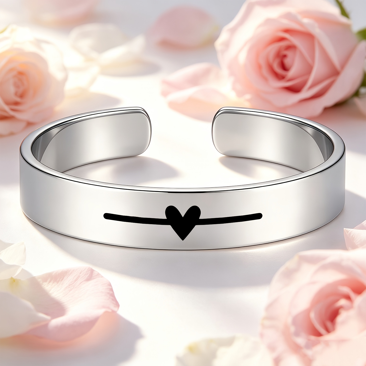 Heart-Shaped 304 Stainless Steel Open Bangle, Joyful Gift